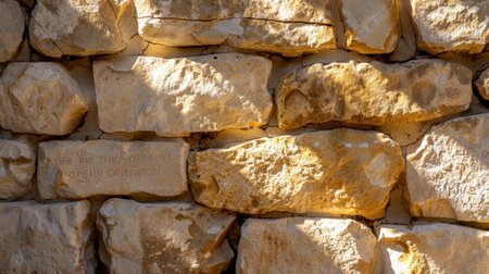 Close-up view of a textured stone wall showcasing various sizes of stones illuminated by sunlight, revealing unique patterns and natural character.の素材