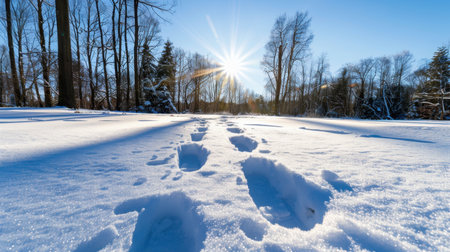 A serene winter landscape featuring distinct footprints in freshly fallen snow. The scene captures sunlight illuminating a clear blue sky, nestled among trees.の素材