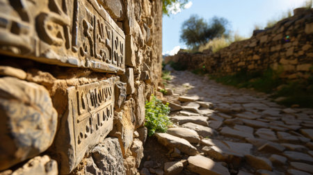 Explore an ancient stone pathway adorned with intricate carvings, leading through a serene outdoor landscape bathed in bright sunlight.の素材