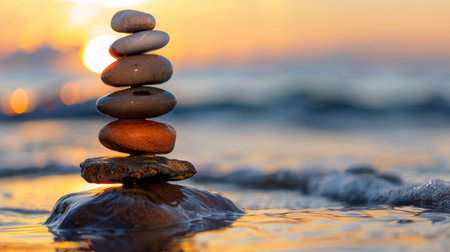 A peaceful arrangement of stacked stones on a beach at sunset creates a calming scene. Gentle waves lap against the stones, reflecting warm colors.の素材