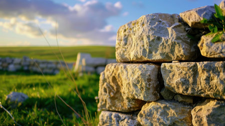 A detailed close-up of a weathered stone wall against a backdrop of lush green fields and a serene blue sky filled with fluffy clouds, capturing tranquility.の素材