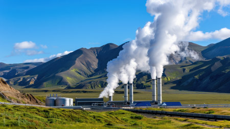 This image showcases a geothermal power plant emitting steam into the clear blue sky, set against a backdrop of majestic mountains, highlighting sustainable energy technology.の素材