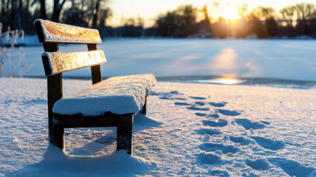 A wooden bench dusted with snow sits beside a frozen lake, capturing the serene beauty of winter at sunrise. Tranquil and picturesque, the scene invites reflection.の素材