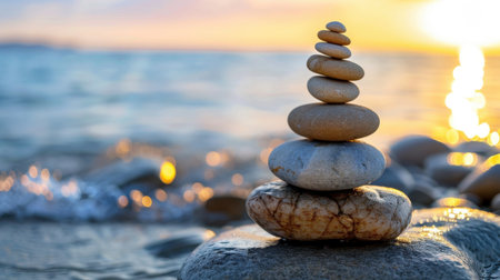 A captivating image of balanced stones stacked on a beach at sunset, reflecting tranquility and harmony with gentle waves in the background. This serene setting invites relaxation and meditation.の素材