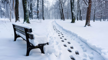 A serene winter scene showcases a snow-covered bench beside a pathway marked with footprints, inviting quiet reflection in a tranquil forest.の素材