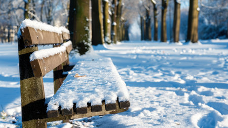 A serene winter scene featuring a snow-covered park bench nestled among trees, highlighting the beauty and tranquility of a snowy landscape.の素材
