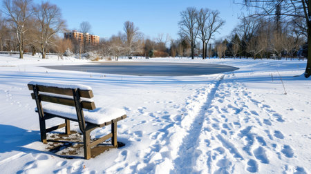 A serene winter landscape showcasing a snow-covered bench beside a frozen pond in a peaceful park, illuminated by a clear blue sky and bright sunlight.の素材