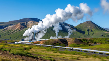This image captures a geothermal power plant in a breathtaking Icelandic landscape, showcasing steam emissions with impressive mountains and rich greenery.の素材