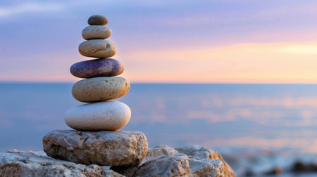 A serene arrangement of stacked stones by the ocean creates a peaceful atmosphere at sunset. Ideal for themes of calmness, balance, and nature's beauty.の素材