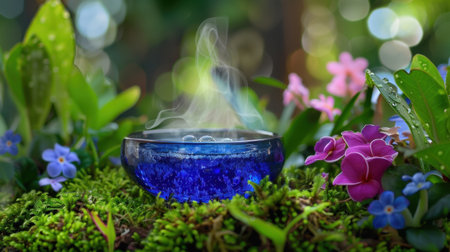 A serene blue bowl filled with liquid releases gentle steam, set among vibrant flowers and lush greenery, offering a peaceful atmosphere for relaxation.の素材