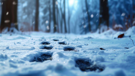 A serene winter landscape showcasing a snow-covered path marked by footprints, surrounded by tall trees and a soft light filtering through the forest.の素材