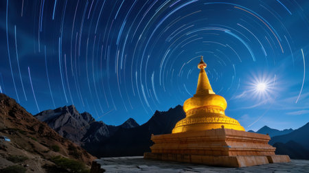 Capture the beauty of a golden stupa illuminated against a stunning starry sky with celestial trails, framed by majestic mountain peaks at night.の素材