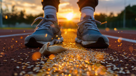 A solitary individual in sneakers stands on a track during sunset, surrounded by snack crumbs, symbolizing a journey in fitness and determination.の素材