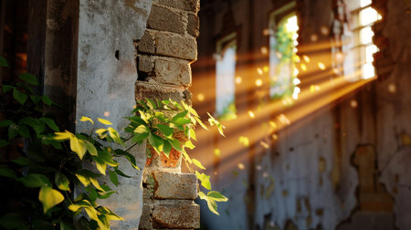 A serene scene depicting sunlight streaming through a dilapidated building, casting warm rays on a wall adorned with lush green vines, evoking tranquility.の素材