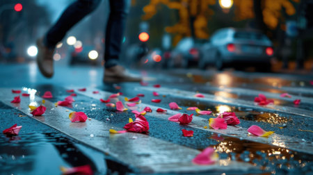 A lone pedestrian walks on a rain-soaked street, surrounded by vibrant flower petals scattered on the pavement, capturing a serene and romantic atmosphere.の素材