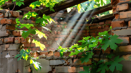 A captivating view of sunlight cascading through a dilapidated wall, embracing vibrant green leaves and vines in an abandoned structure. This scene beautifully showcases nature reclaiming a forgotten space.の素材