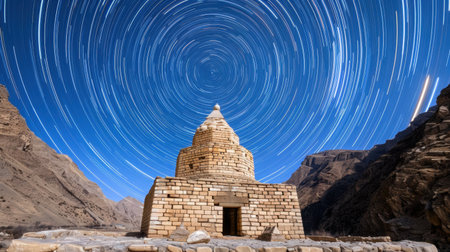 A stunning stone structure sits beneath a captivating starry sky, showcasing majestic star trails and rugged mountain scenery. A breathtaking scene for nature lovers.の素材