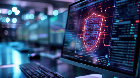 A modern computer screen displays a digital shield symbolizing cybersecurity technology within a sleek office environment, emphasizing data protection.の素材