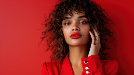 A striking portrait of a confident woman with curly hair, wearing bold red lipstick against a vibrant red background, showcasing beauty and style.の素材
