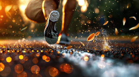 A person runs energetically through a vibrant outdoor scene, creating a splash of water and scattering leaves, embodying the essence of freedom and vitality.の素材