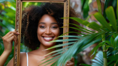 A joyful woman with curly hair holds a decorative frame while surrounded by tropical plants, capturing a moment of beauty and confidence in a serene outdoor setting.の素材