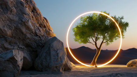 A stunning landscape features a solitary tree illuminated by a glowing circle, surrounded by rocky mountains at sunset, embodying tranquility and natural beauty.の素材