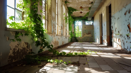 A captivating view of an abandoned interior showcasing peeling walls and vibrant green vines growing throughout the space, illuminated by soft sunlight.の素材