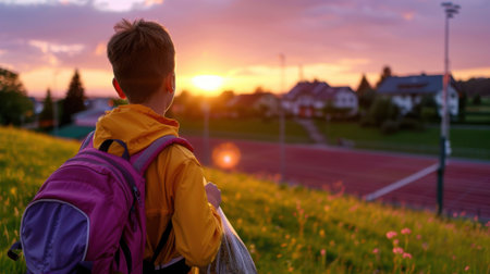 A young child in a yellow jacket stands on a grassy hill, gazing at a breathtaking sunset illuminating a rural landscape and athletic track below.の素材
