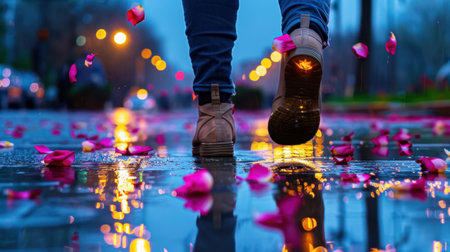 A person walks in the rain along a city street adorned with pink rose petals, reflected in puddles, creating a serene and romantic mood in the evening light.の素材