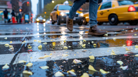 A captivating urban scene captures a pedestrian walking across a wet street adorned with flower petals. Yellow taxis and city lights enhance the lively atmosphere.の素材