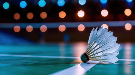 A vibrant close-up of a badminton shuttlecock resting on the green court floor, showcasing the thrill of indoor sports amid dynamic lighting.の素材
