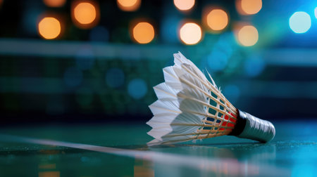 A detailed close-up of a badminton shuttlecock lying on the court, enhanced by a soft bokeh background, perfect for sports-themed visuals and promotions.の素材