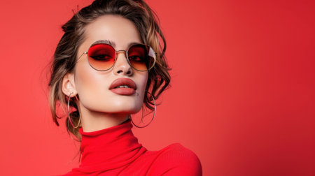 A confident young woman showcases modern fashion while wearing stylish sunglasses and bold makeup, set against a striking red background.の素材