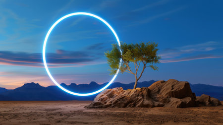 A stunning surreal landscape features a solitary tree on a rocky outcrop illuminated by a vibrant blue circular light against a tranquil desert backdrop during dusk.の素材