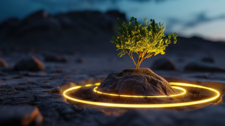 This stunning image features a solitary tree illuminated by a glowing circle in a dry landscape at dusk, representing hope and resilience amidst adversity.の素材