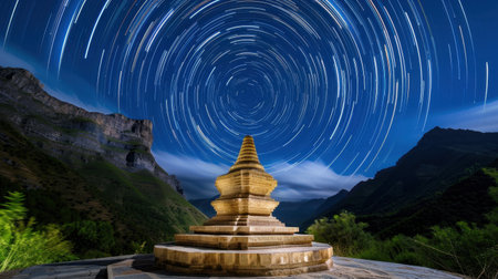 This stunning photo captures the star trails glowing above a serene stupa, set against majestic mountains, showcasing the beauty of night skies and tranquility.の素材