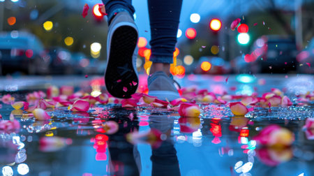 A person strolls down a vibrant urban street adorned with colorful flower petals, creating beautiful reflections in puddles during dusk.の素材