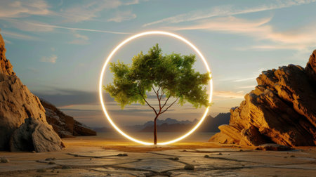 A solitary green tree stands at the center of a circular light, creating a stunning visual amidst a rocky desert landscape at sunset.の素材