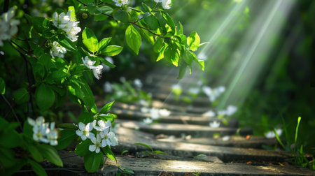 A captivating scene of a sunlit pathway adorned with lush greenery and blooming white flowers, evoking a sense of tranquility and connection to nature.の素材