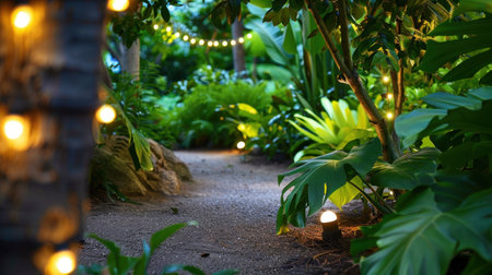 A tranquil garden path features soft string lights among lush tropical plants, creating a serene ambiance ideal for peaceful walks or gatherings.の素材