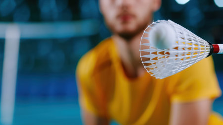 This dynamic shot captures a male badminton player intensely focused on a flywheel in motion. The blurred background highlights the court's atmosphere, emphasizing the player's athleticism and energetic engagement in the sport. Perfect for promoting fitness, competition, and sports enthusiasts.の素材