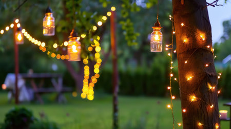 This enchanting outdoor scene captures vintage lanterns and twinkling string lights aglow in a lush garden setup, perfect for summer events.の素材