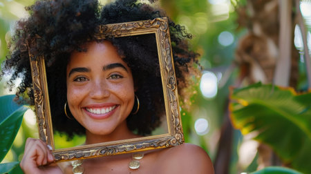 A joyful young woman with curly hair holds a vintage frame in a bright outdoor setting, surrounded by lush greenery that adds a vibrant touch to her cheerful expression.の素材
