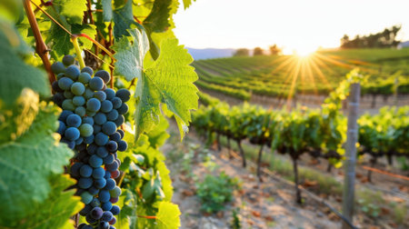 A serene vineyard scene featuring ripe blue grapes hanging from lush green vines under a stunning sunset. Ideal for agricultural and nature themes.の素材