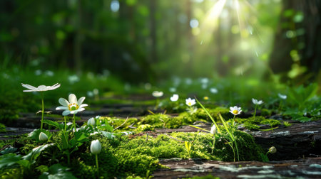 A serene woodland path adorned with delicate white flowers and vibrant green moss, illuminated by soft sunlight filtering through the trees.の素材