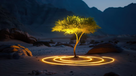 A stunning single tree stands alone in a desert landscape, glowing with warm light and surrounded by radiant circles at dusk, embodying peace and uniqueness.の素材