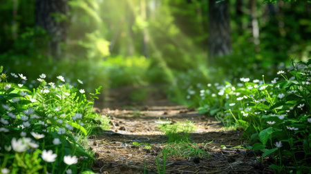 A serene forest pathway lined with delicate white flowers and lush greenery. Sunlight filters through the trees, creating a peaceful atmosphere perfect for nature lovers.の素材