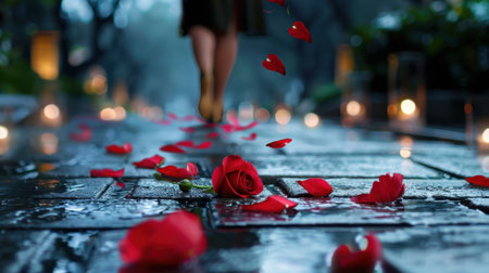 A serene evening walk features a scattering of red rose petals on a rain-soaked pathway, illuminated by soft candlelight, creating a romantic atmosphere.の素材