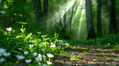 A picturesque forest pathway adorned with delicate white flowers and vibrant greenery, bathed in soft sunlight rays creating a tranquil atmosphere.の素材
