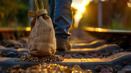 A picturesque view of a burlap bag resting on train tracks, with seeds spilled around it, illuminated by warm sunset light, showcasing nature and tranquility.の素材